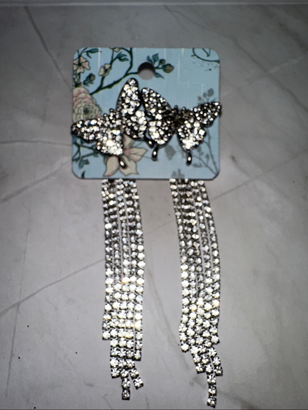 Crystal Butterfly Drop Tassel Earrings - Silver